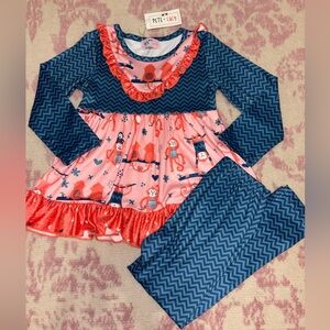 Pete + Lucy Navy Blue Chevron & Coral Monkey Ruffle Matching Set 3T Girls